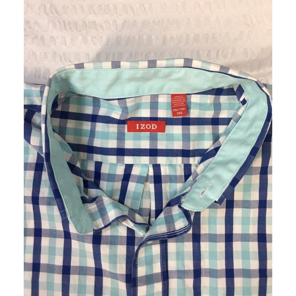Izod Mens Large Dress Shirt Blue Aqua White Check Long Sleeve Pocket Button Up